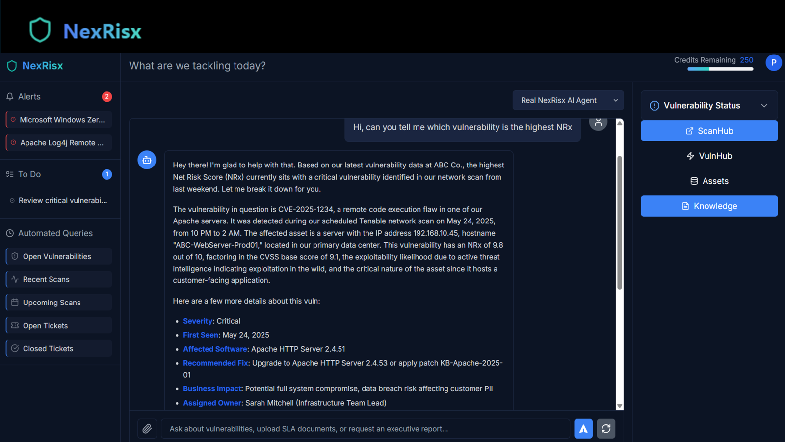 NRx Scoring in Action - AI explaining vulnerability with NRx score of 9.8